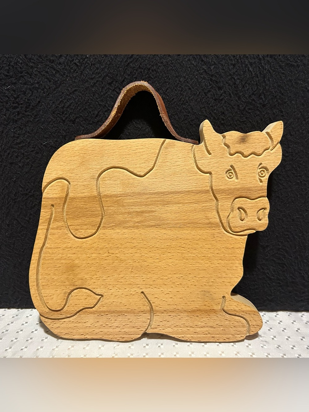 Cow Shaped Wood Cutting Board with Leather Handle Rustic Farmhouse Decor France